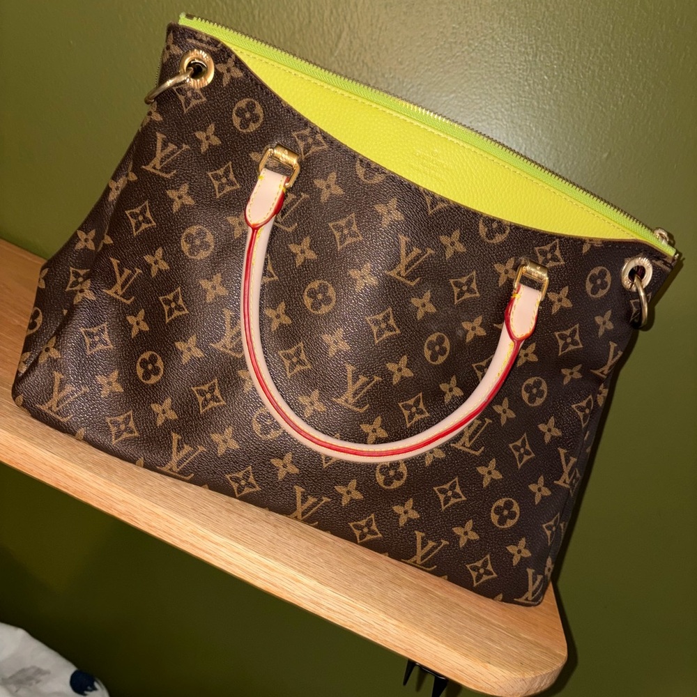 Brown Monogram Tote with lime detail louis vuitton esque